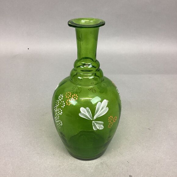 Green Glass Vase With Hand Painted Flowers - 6.75” - Picture 1 of 9